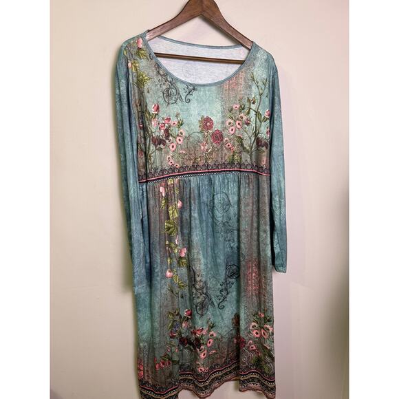 Boho Floral Long Sleeve Dress Blue Pink Roses Cottagecore Romantic Midi (2XL?) - Picture 1 of 4